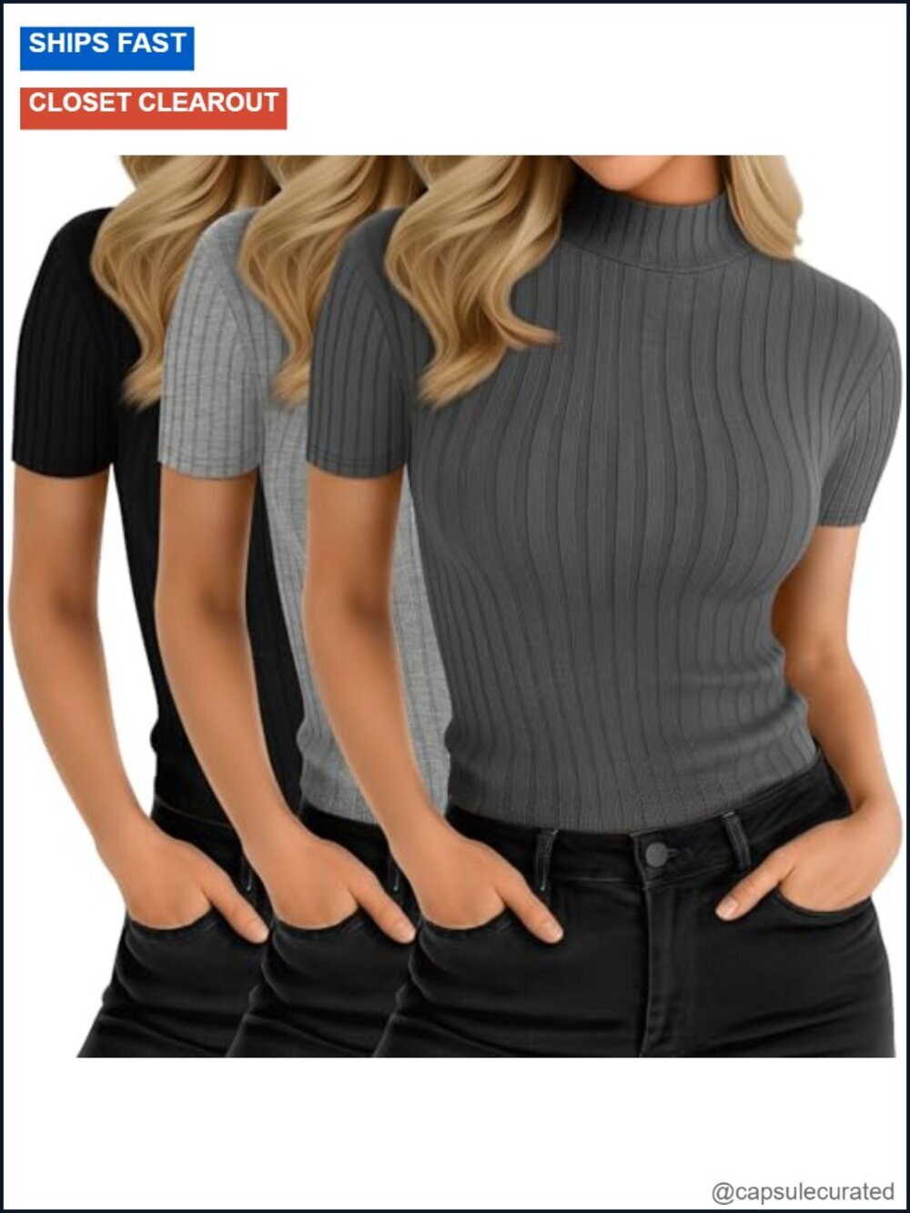 3 Pack Mock Turtleneck Shirts Short Sleeve Ribbed Lightweight Layering Cotton